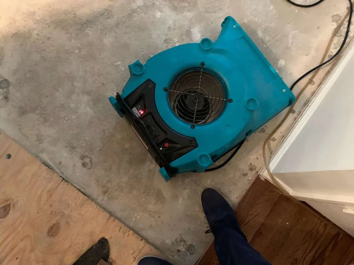 Air mover drying subfloor during Commercial Water Damage Restoration in Crown Point
